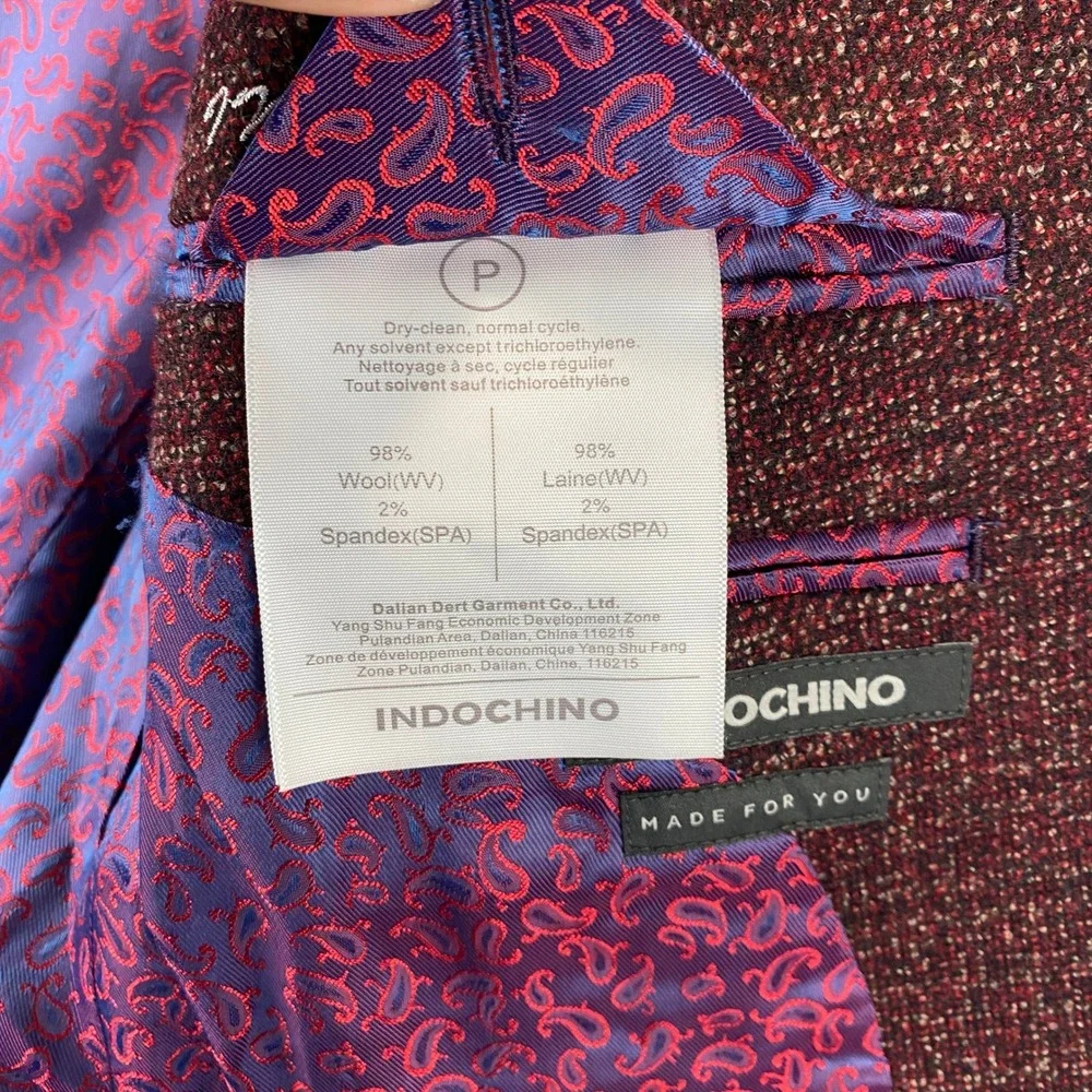 Indochino Sports Coat Mens 38R 30x30 Burgundy Wool Blend Paisley Lining Textured